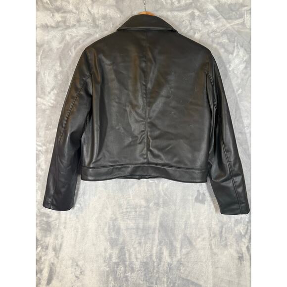 Zara Faux Black Leather Boxy Bomber Jacket XS Motorcycle Moto Biker Cropped - Picture 10 of 10